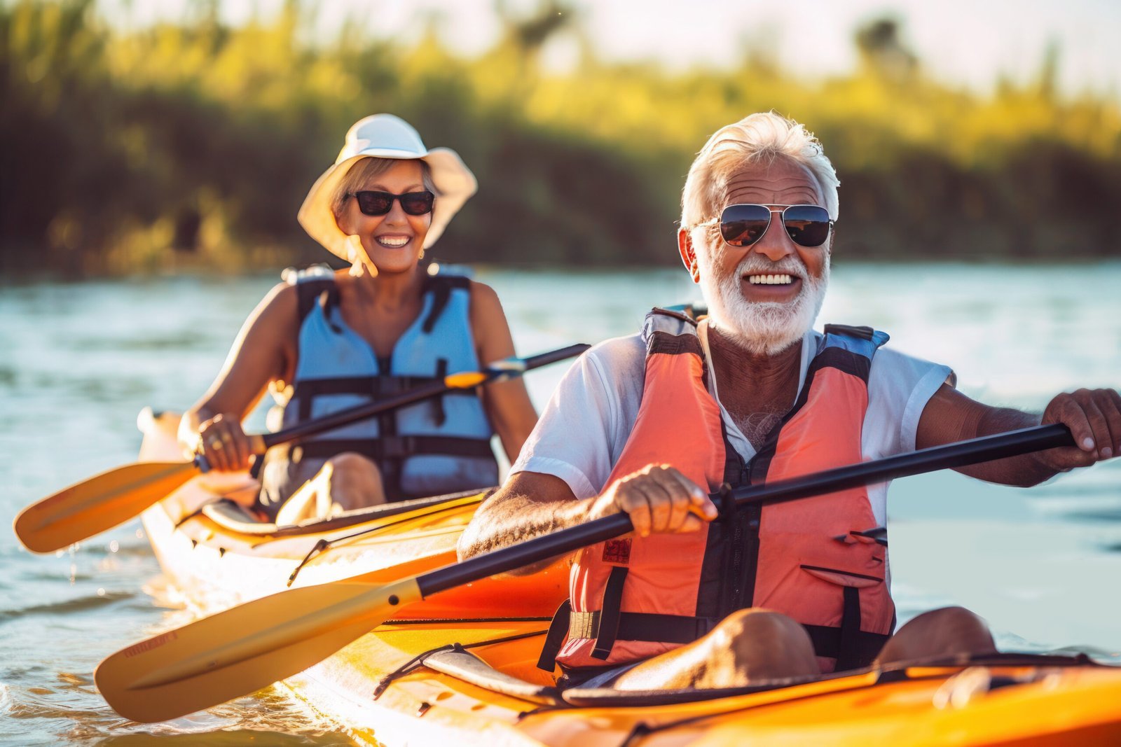 This vibrant image exudes the joy and vitality of a senior couple actively engaging in kayaking. The crystal-clear water, the warmth of the sunlight, and their beaming smiles capture the essence of a leisurely adventure that knows no age limit. Their life jackets and sun hats are not just practical attire but symbols of their zest for life and preparedness to embrace new experiences.